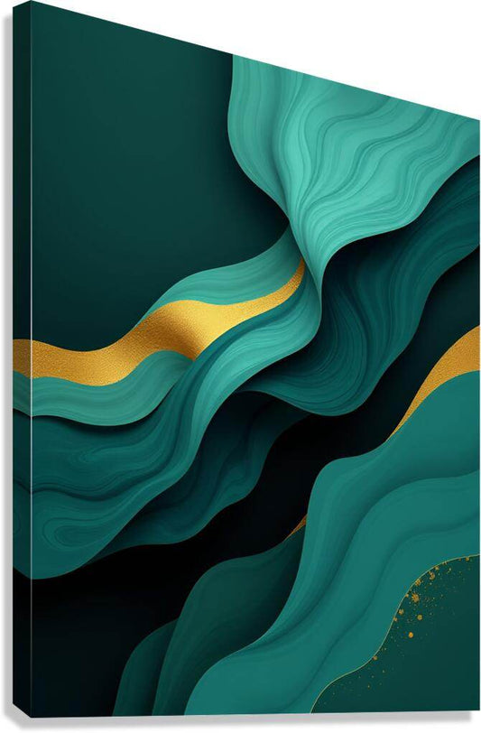 Abstract teal wave art on dark green stretched canvas with gold accent