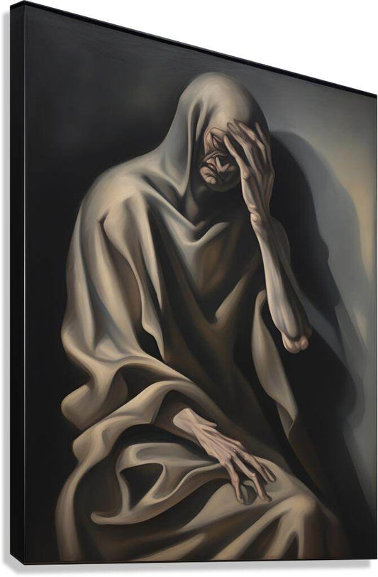 Figurative wall art of a draped figure with hands covering the face, monochrome beige and dark