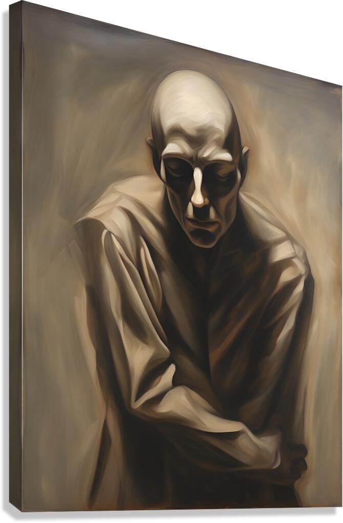 Monochrome portrait of a hooded skull-faced figure with arms crossed, canvas-style print