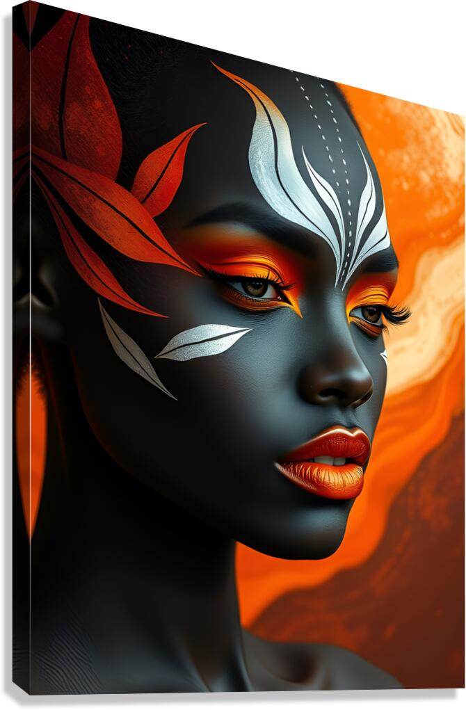 Stylized face portrait canvas print with orange background and red feather accents