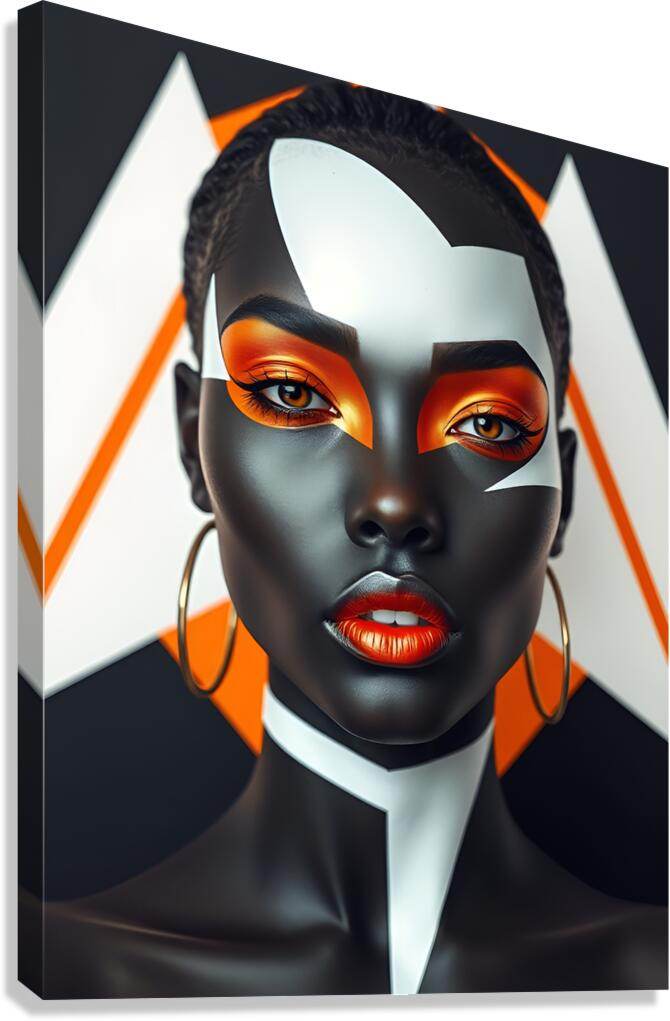 Futuristic portrait wall art print of a dark-skinned woman with orange eye makeup