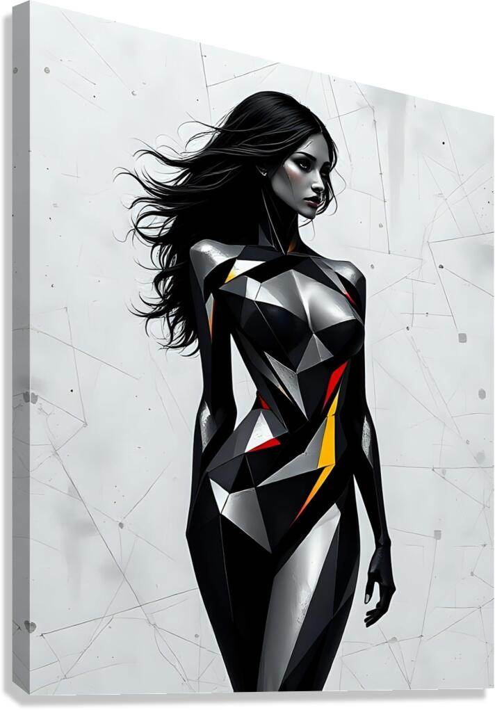 Geometric woman wall art print, black bodysuit with silver facets and red yellow accents