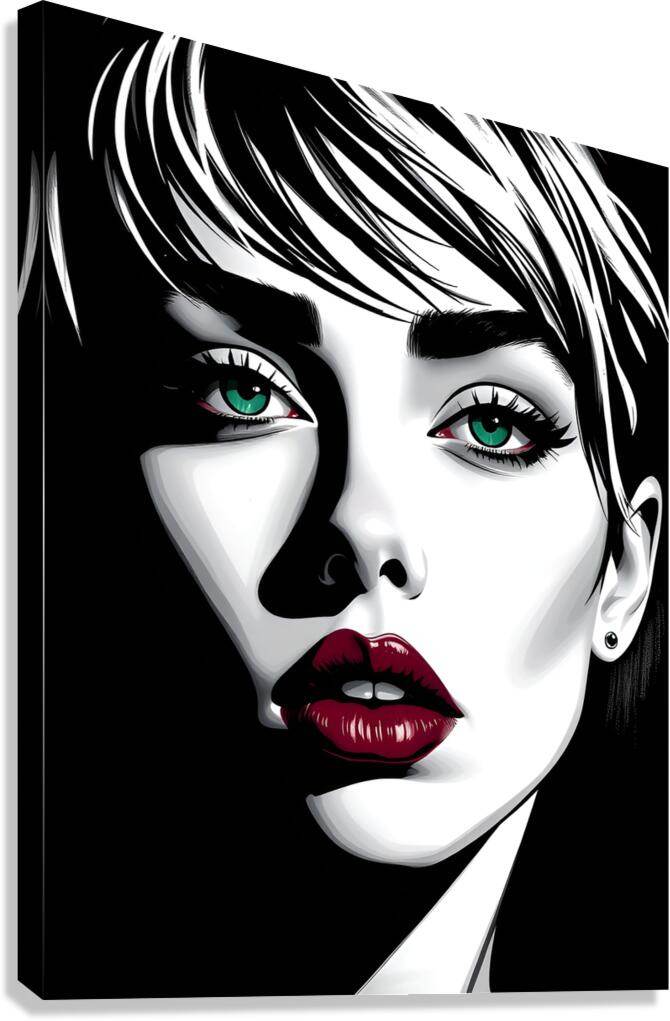 Graphic portrait print of a woman with green eyes, monochrome face, and red lips