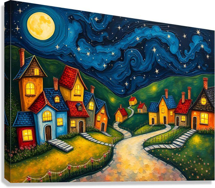 Night village wall art with yellow moon, starry blue sky, and warmly lit houses