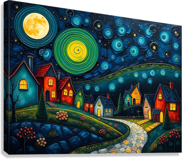 Cosmic village wall art: dark blue sky, moon, swirling planets, red houses, winding stone path
