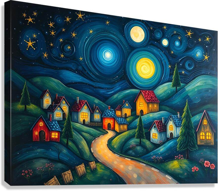 Stretched canvas wall art: whimsical village houses on a winding road beneath stars