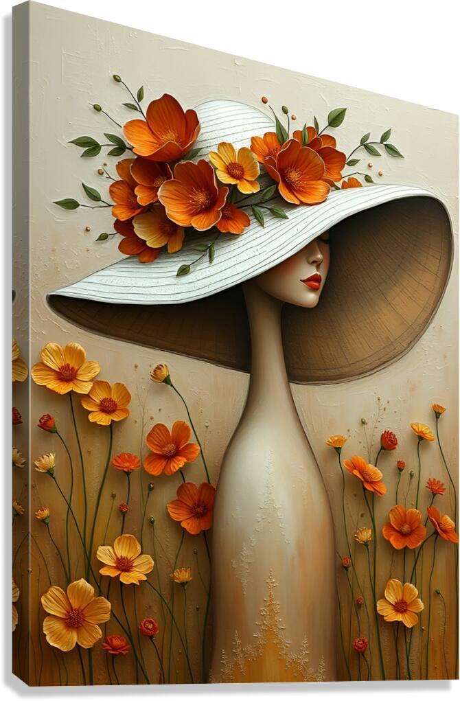 Floral portrait wall art with a woman in a white hat and orange flowers