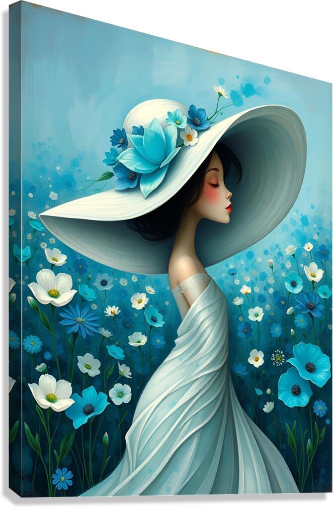 Floral portrait canvas print of a woman in a blue dress with a wide hat and blossoms