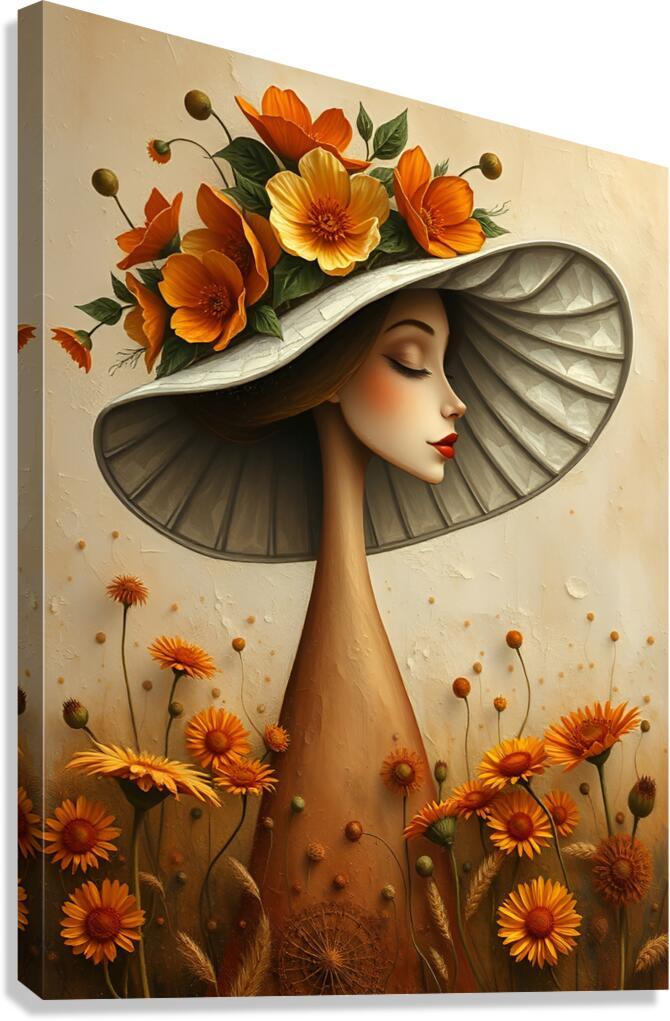Framed floral portrait wall art of a woman in a wide hat with orange flowers