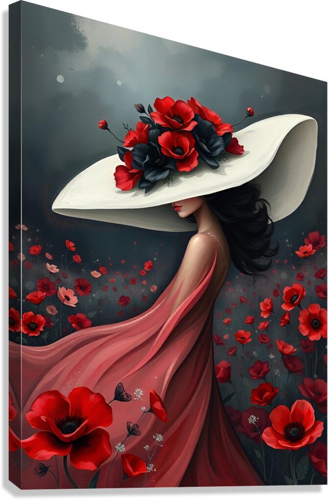 Stretched canvas print: woman in white hat with red poppy flowers, flowing red gown