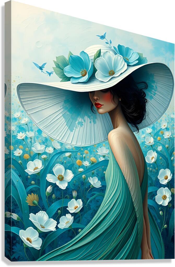 Framed wall art print of a woman in a turquoise dress with a white hat among blue flowers.
