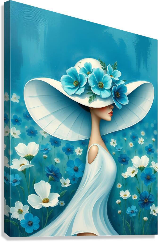 Floral portrait canvas print: woman in white dress with blue flower hat