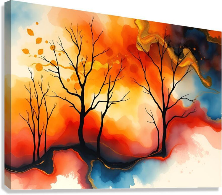 Abstract autumn landscape canvas with dark tree silhouettes and orange blue mist, bird figure
