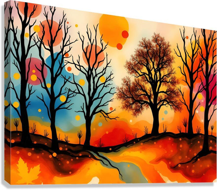 Abstract autumn landscape canvas with silhouetted trees, orange sun, and winding path in warm colors