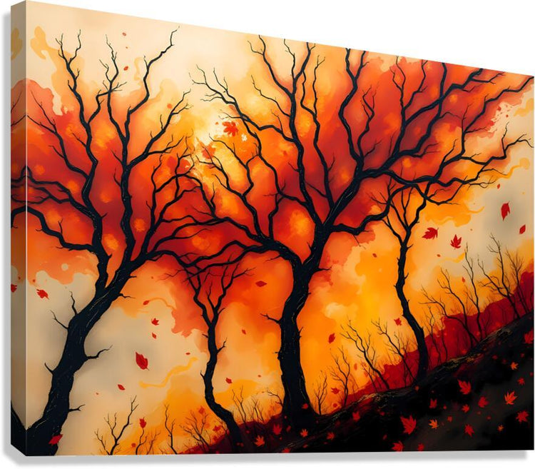 Abstract autumn trees wall art with dark branches, fiery orange-red sky, and falling leaves.