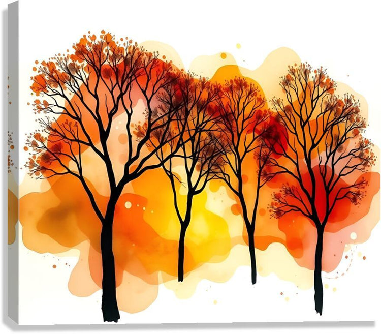 Abstract autumn tree wall art with watercolor orange-yellow-red splashes and black silhouettes