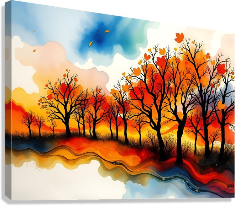Autumn forest abstract canvas print with red and orange tree silhouettes and flowing river waves