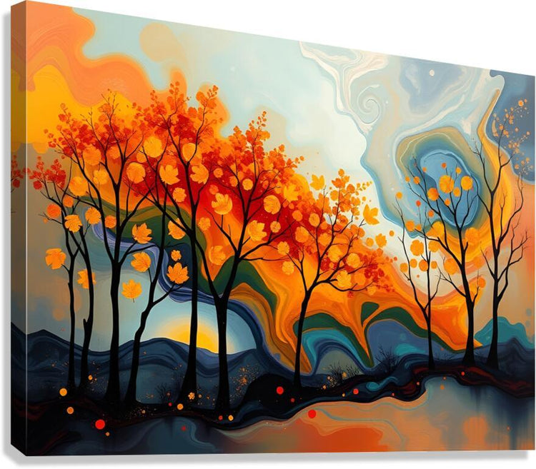 Abstract forest wall art with orange and blue swirling trees and glowing autumn leaves