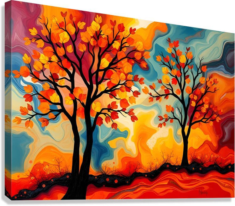 Abstract fall trees wall art with swirling blue, orange, red sky and black trunks
