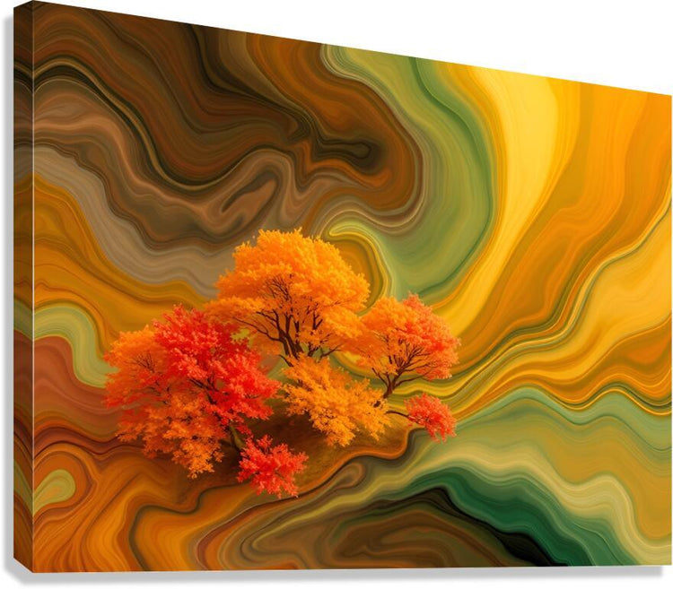 Stretched canvas print of autumn trees in swirling orange and green abstract waves