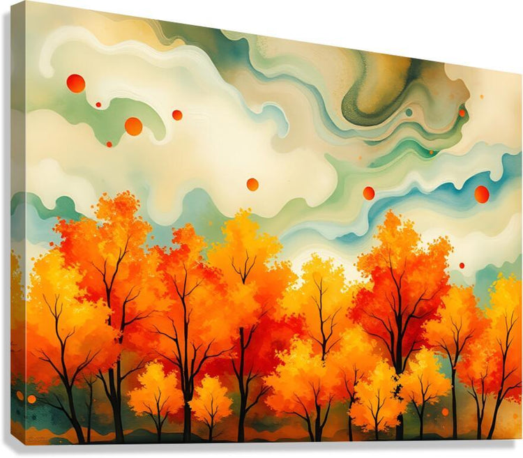 Abstract autumn forest wall art on canvas: orange trees, teal swirls, and red dots