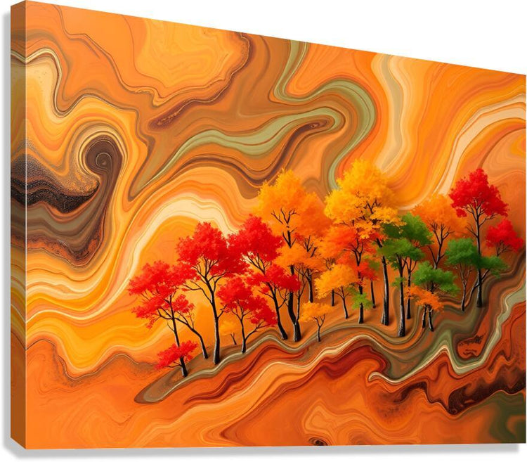 Abstract autumn landscape wall art with swirling orange layers and red, green, and yellow trees