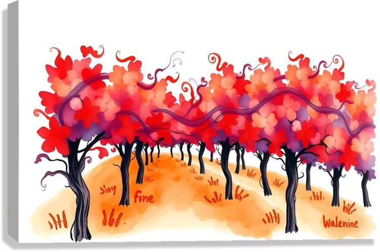 Autumn orchard watercolor landscape on stretched canvas, red and orange flowering trees
