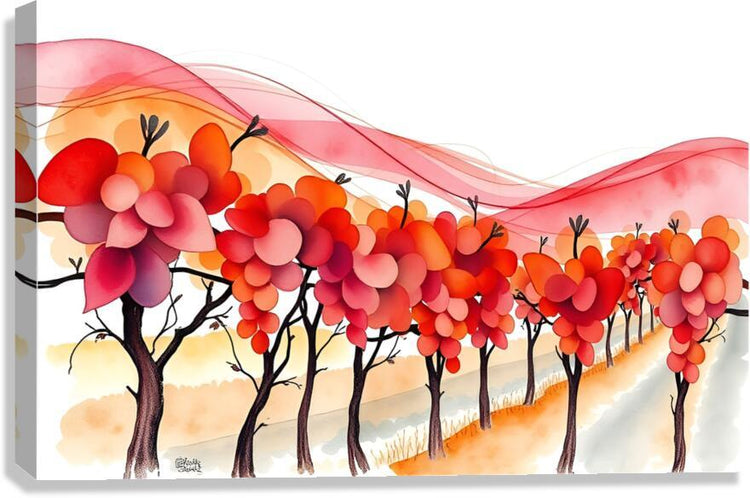Stretched canvas artwork of tall trees with red and pink rounded leaves along a path