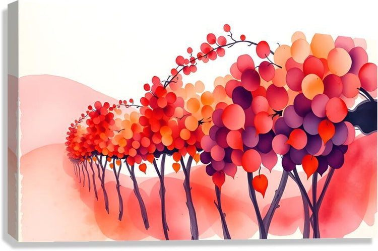 Watercolor autumn tree wall art print with red, orange, pink and purple canopies