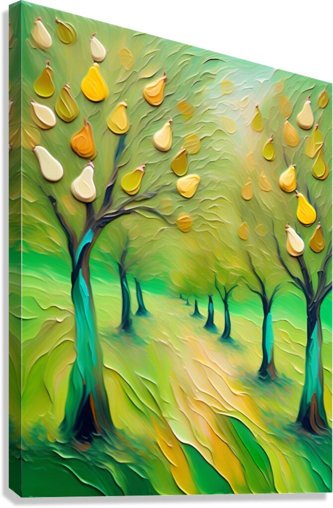 Stretched canvas art of green abstract orchard trees with yellow and cream fruit drops