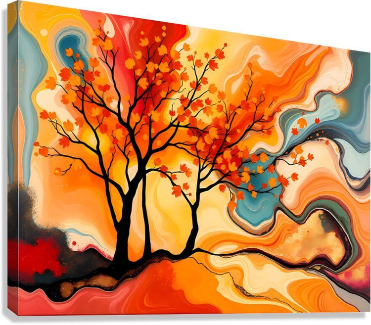 Stretched canvas wall art: abstract autumn tree with orange blossoms and blue swirls