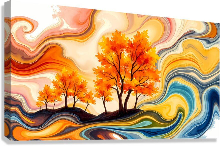 Abstract wall art with autumn trees over swirling orange, yellow, and blue waves