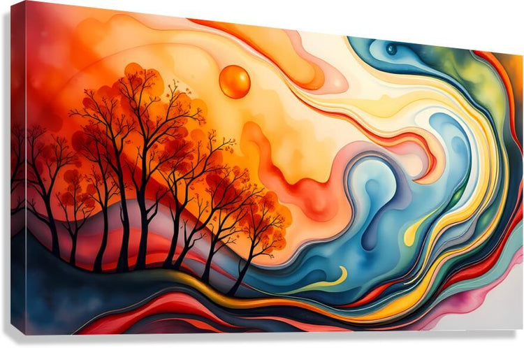 Stretched canvas abstract landscape with orange sky, dark tree silhouettes, and blue swirling waves