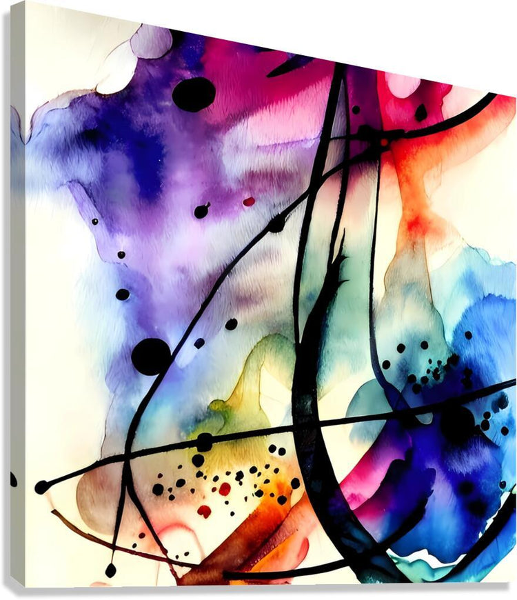Abstract watercolor wall art on stretched canvas with black arcs, dots, and purple-blue splashes