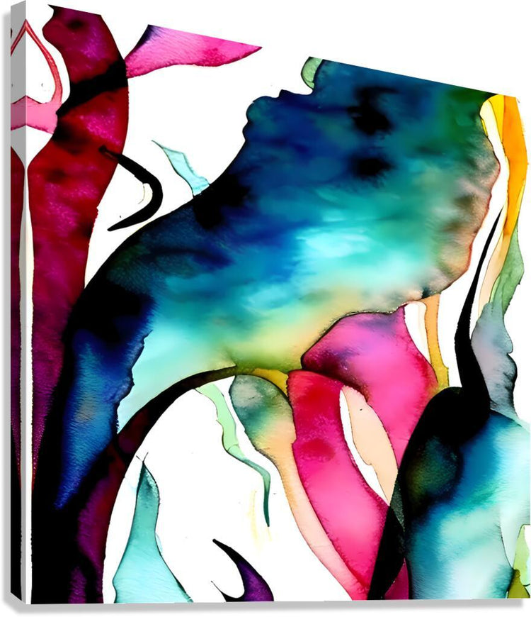 Abstract fluid wall art with pink, teal, blue, and green shapes and a face outline.