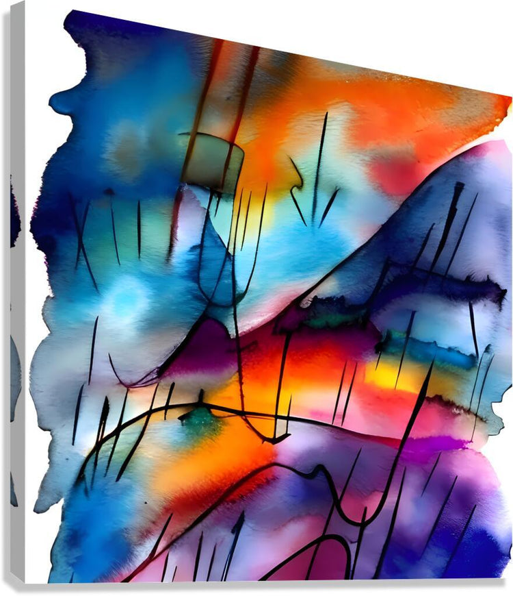 Abstract watercolor wall art with blue, orange, purple splashes and black line accents