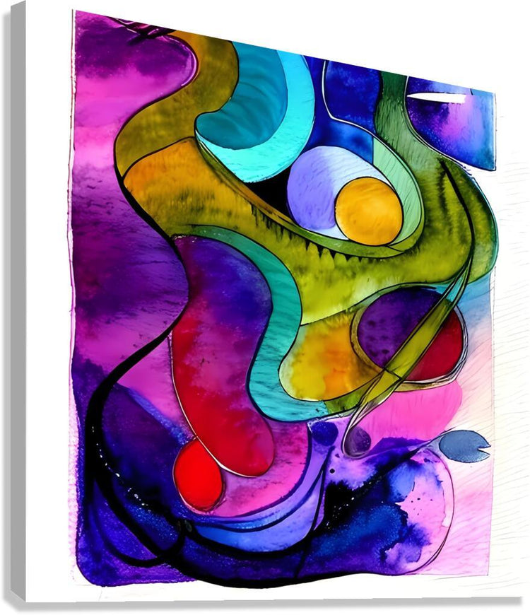 Abstract watercolor art print with layered purple, teal, green and orange flowing shapes.