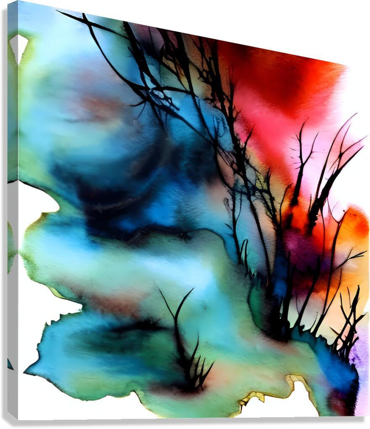 Abstract landscape wall art with blue and green mist, red sky, and black leafless tree silhouettes