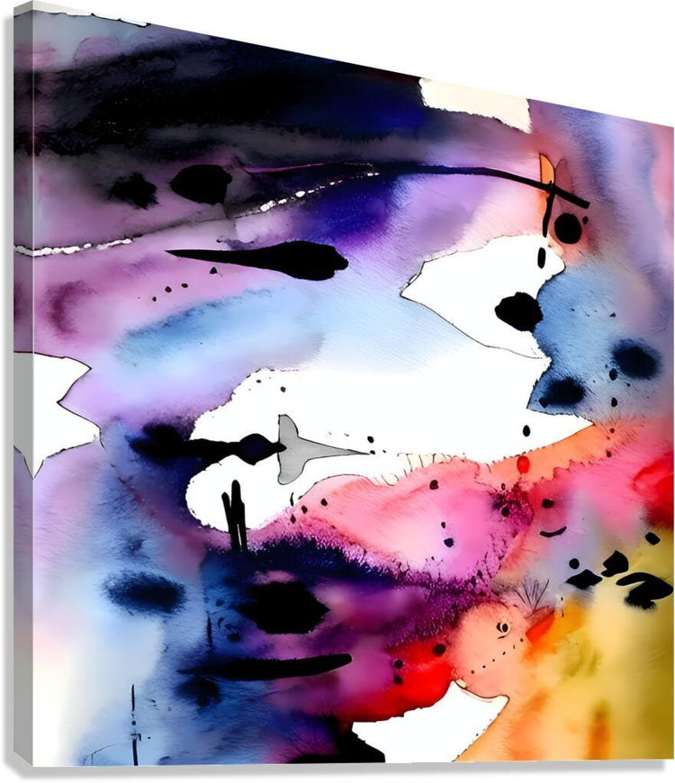 Abstract watercolor canvas print with blue, purple, pink and yellow splashes