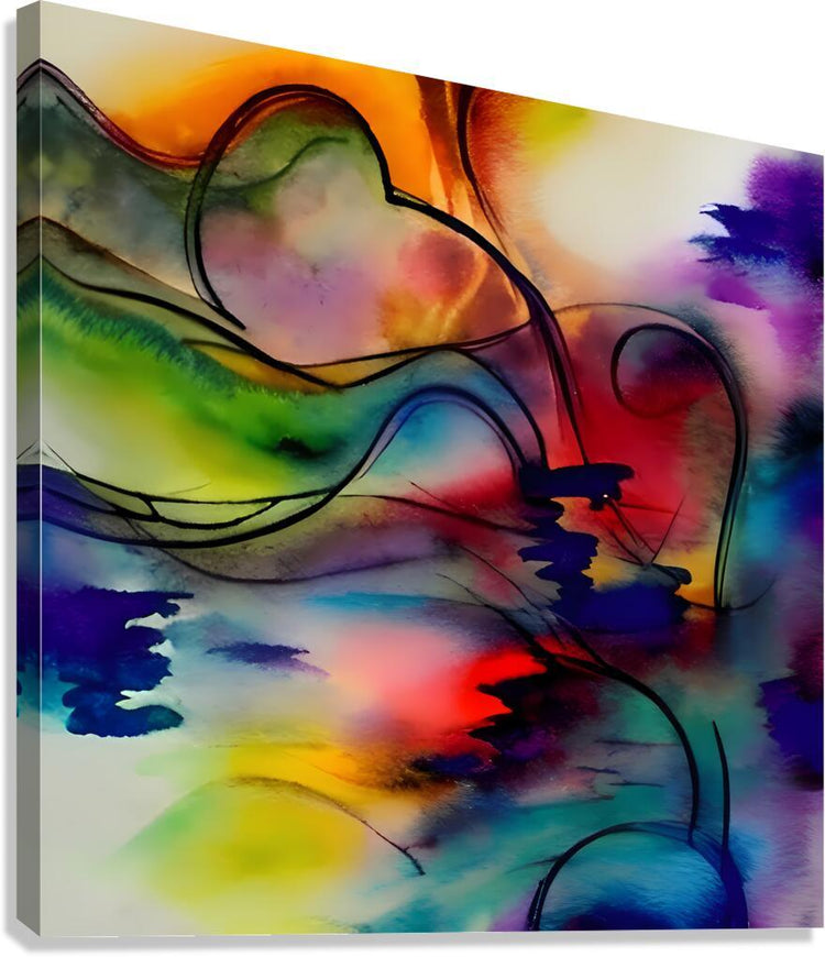 Abstract watercolor fluid wall art on stretched canvas with swirling multicolor ribbon shapes