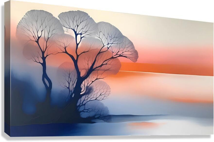 Landscape sunset canvas with silhouetted bare trees and mirrored water reflection.