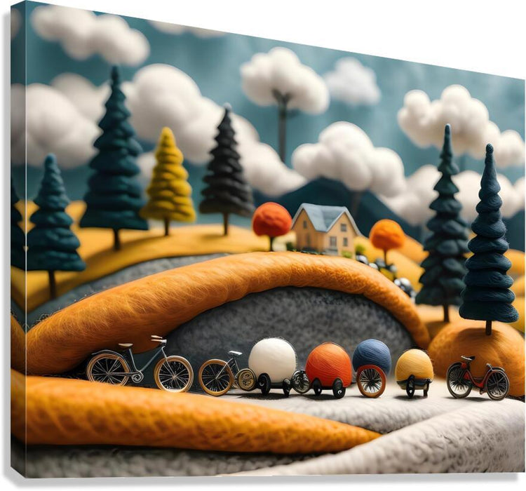 Whimsical bicycle journey wall art with orange hills, small bikes, trees, and clouds
