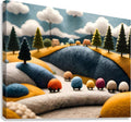 Countryside sheep toy cars print with rolling blue hill, trees, and clouds