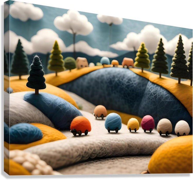 Countryside sheep toy cars print with rolling blue hill, trees, and clouds