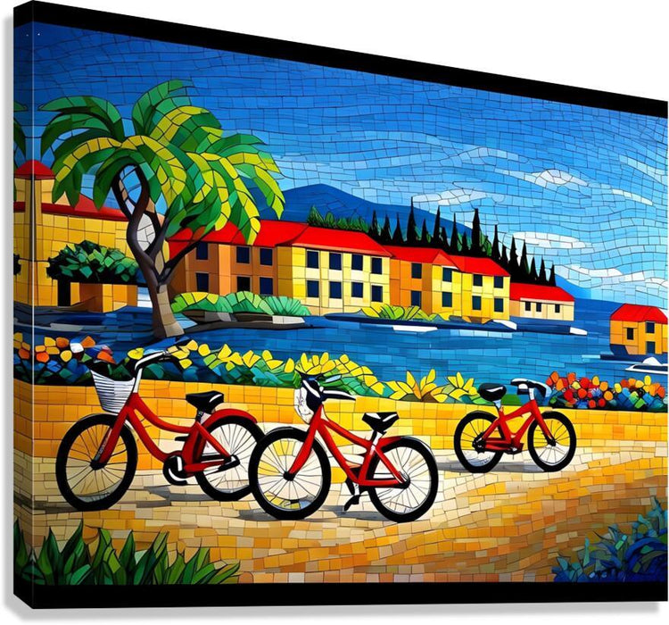 Bicycle mosaic wall art print with red bikes, palm tree, and colorful riverside buildings