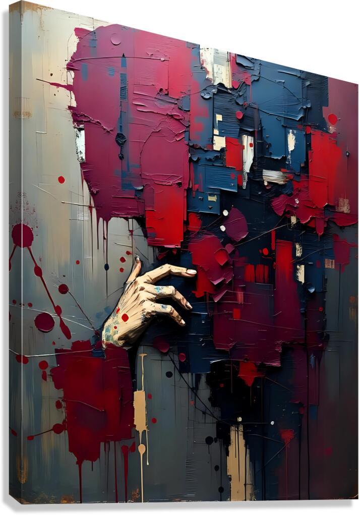 Abstract hand artwork with layered red, blue, and purple paint splashes on canvas
