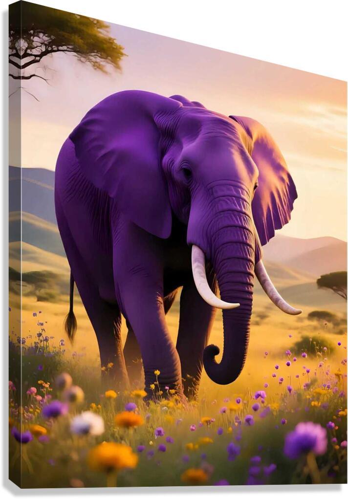Purple elephant wall art print with tusks and colorful flowers in savanna
