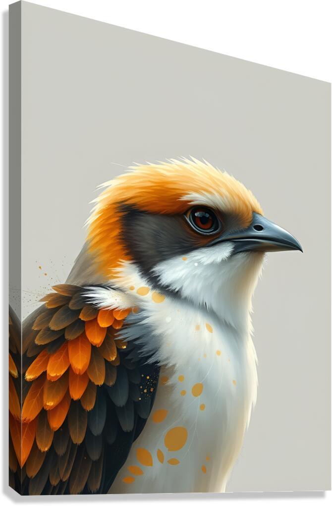 Colorful bird portrait print with orange and black head and white chest