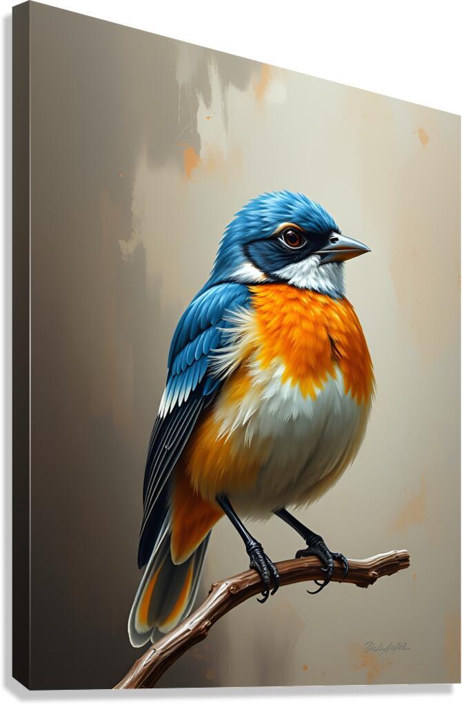 Blue and orange songbird portrait on stretched canvas wall art, perched on a branch
