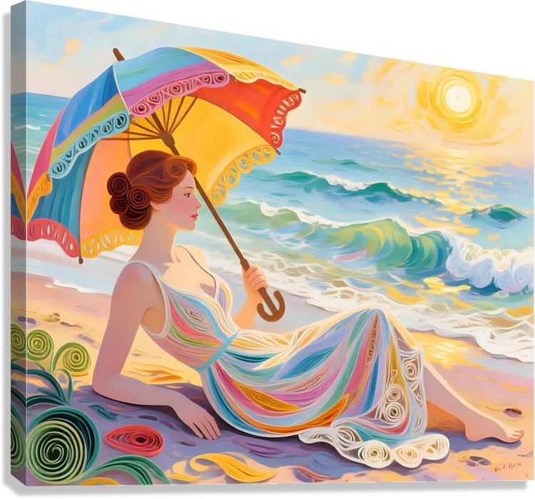 Beachwoman art print on a colorful umbrella, seated on sand by the ocean waves.